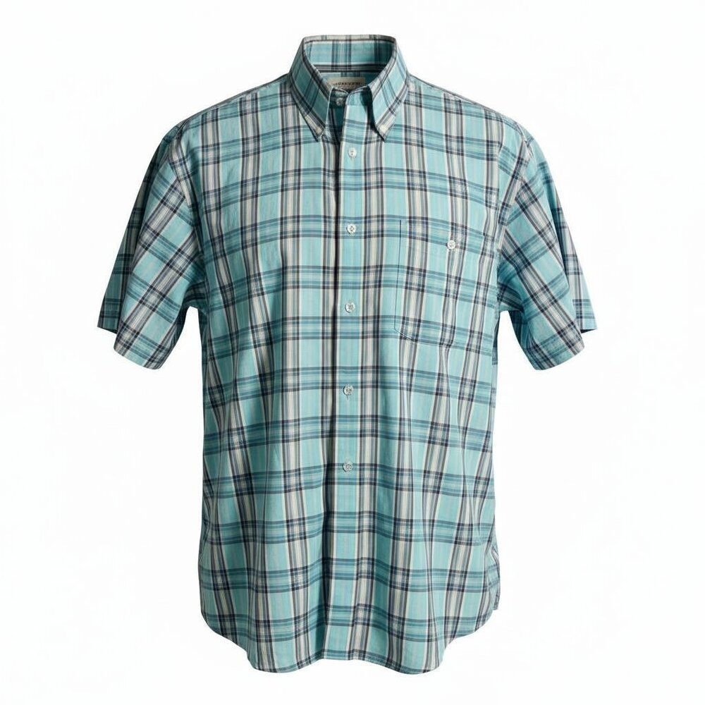 Orvis Mens XL Short Sleeve Teal Aqua Plaid Button Down Shirt Cotton Outdoor